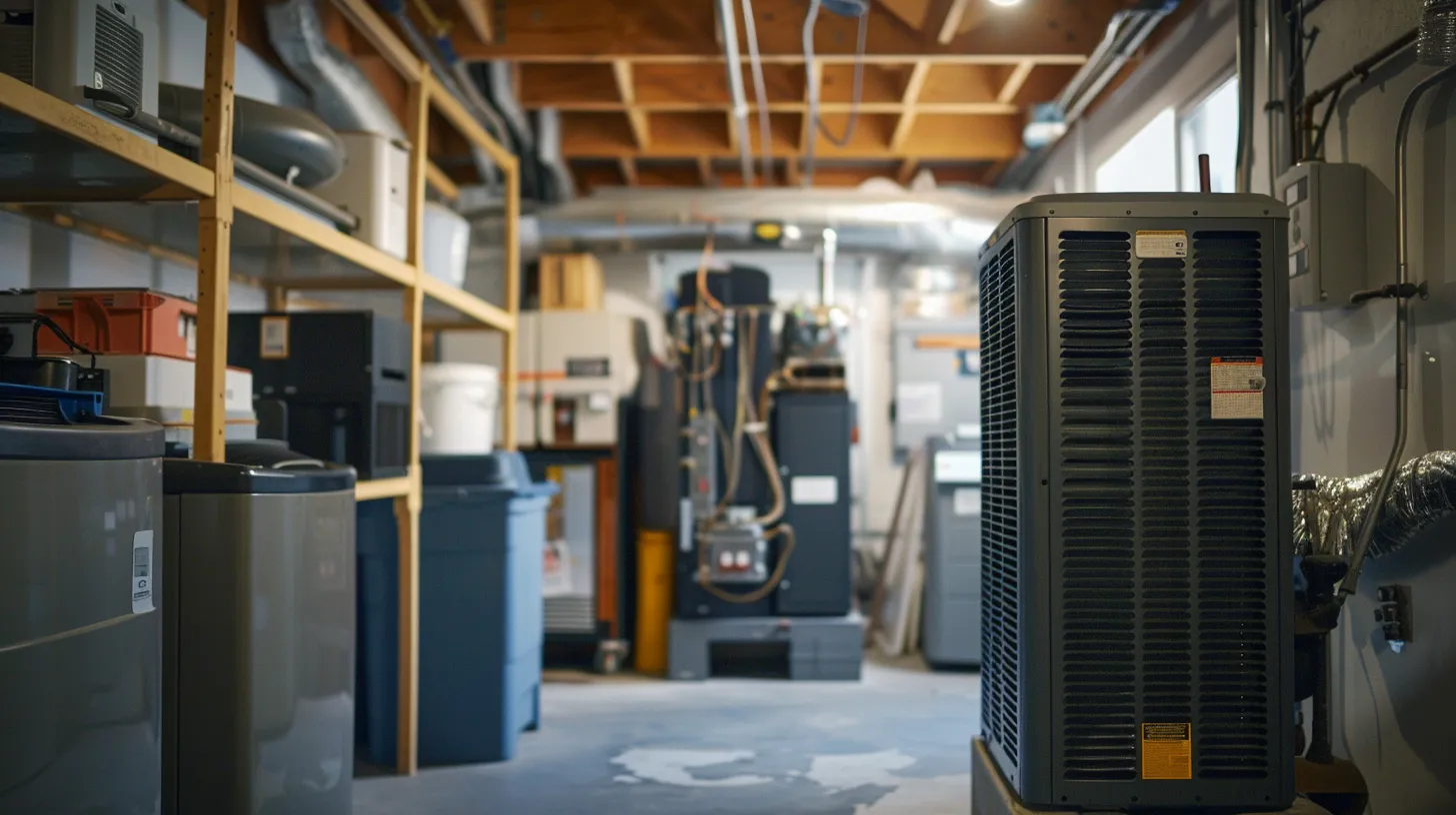 a modern, well-maintained hvac system stands prominently in a bright, freshly organized utility room, showcasing its efficiency with gleaming components and clear indicators of routine care.