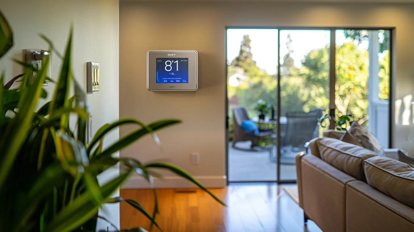 a modern, well-lit new jersey home showcases a sleek smart thermostat on the wall, symbolizing energy efficiency and cost-effective hvac solutions with a warm, inviting atmosphere.