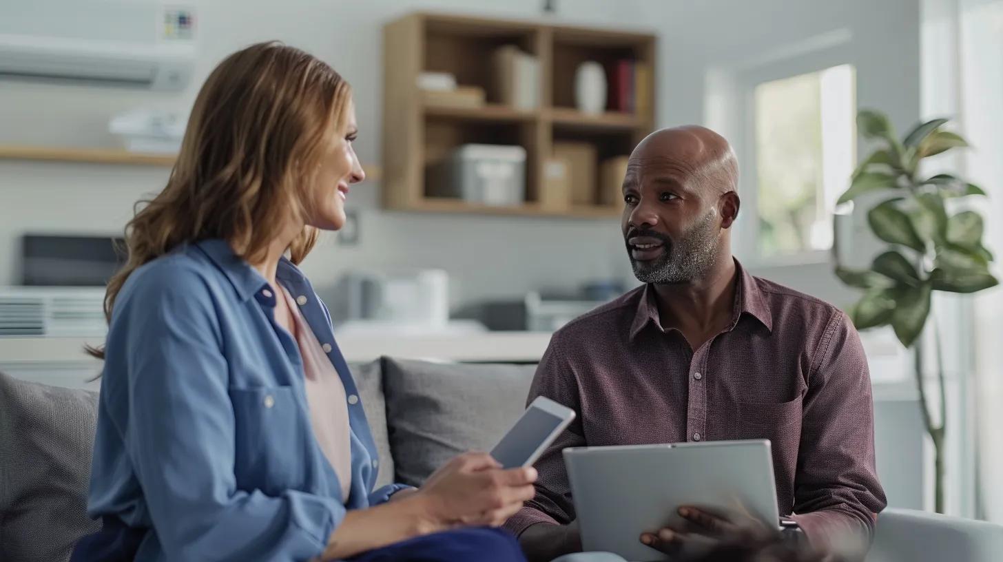 a modern, well-lit office environment showcases a professional hvac contractor sitting across from a satisfied homeowner, discussing detailed service options and transparent pricing on a sleek tablet. a modern, well-lit office environment showcases a professional hvac contractor sitting across from a satisfied homeowner, discussing detailed service options and transparent pricing on a sleek tablet.