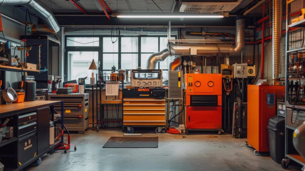 a modern, well-equipped heating repair workshop in an urban setting, with technicians expertly diagnosing a heating unit against a backdrop of tools and equipment, emphasizing the theme of expert heating repair services.