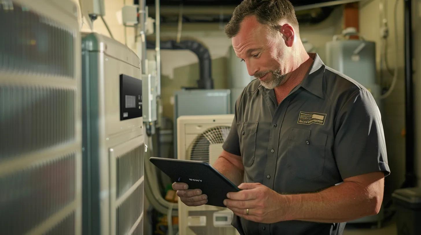 a polished, modern hvac service office showcases a confident technician consulting with satisfied clients as they review testimonials and customer feedback on a sleek tablet, highlighting their commitment to quality service and client experience. a polished, modern hvac service office showcases a confident technician consulting with satisfied clients as they review testimonials and customer feedback on a sleek tablet, highlighting their commitment to quality service and client experience.