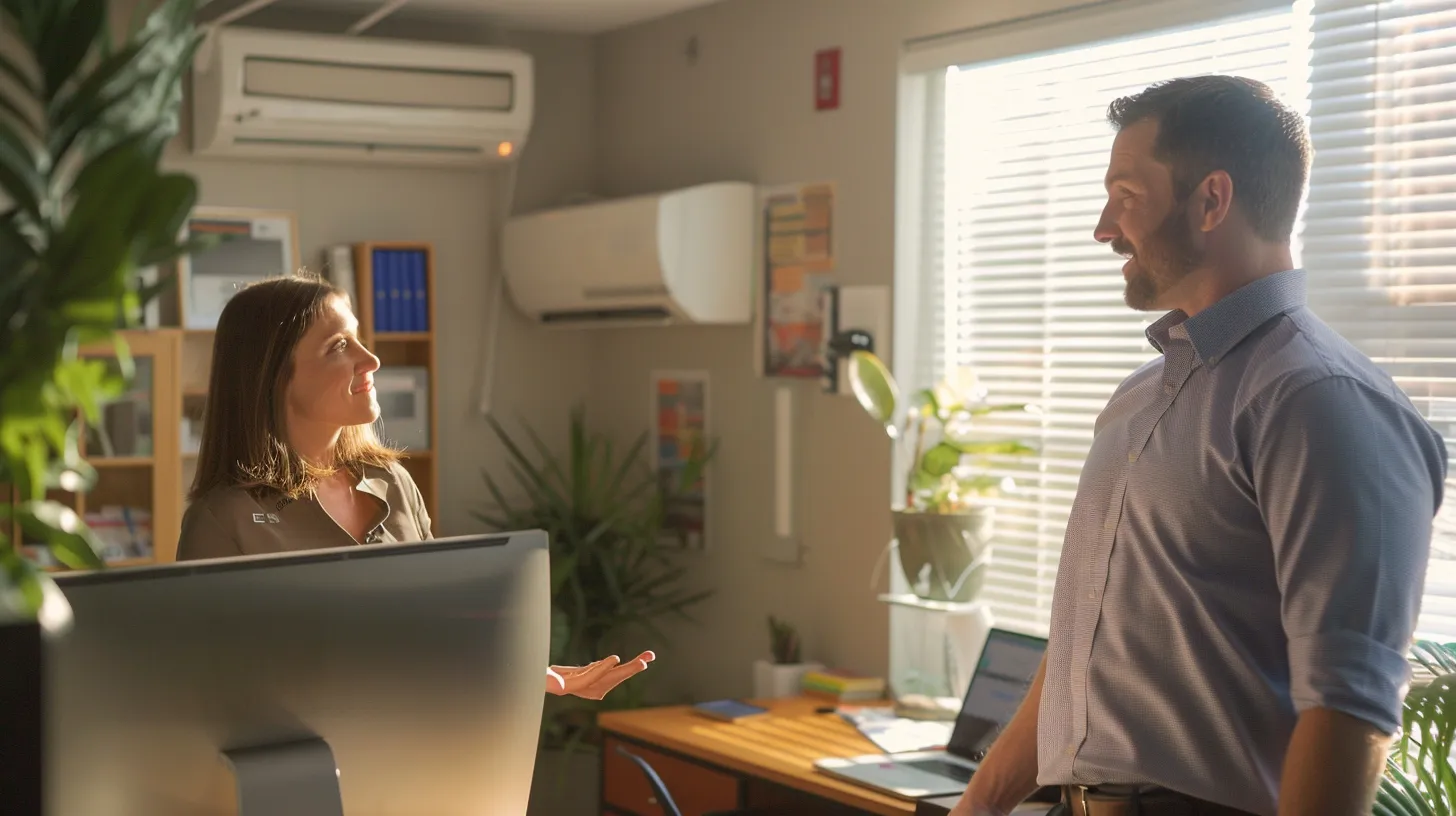 a polished office environment showcases a confident hvac technician discussing a sophisticated programmable thermostat with a satisfied homeowner, highlighting professionalism and a commitment to comfort in sayreville, nj. a polished office environment showcases a confident hvac technician discussing a sophisticated programmable thermostat with a satisfied homeowner, highlighting professionalism and a commitment to comfort in sayreville, nj.