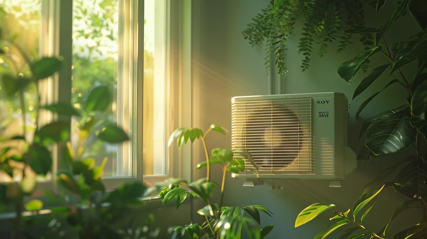 a pristine, energy-efficient hvac unit sits prominently in a sunlit new jersey home, showcasing the importance of regular maintenance with lush greenery in the background symbolizing fresh air and optimal indoor climate.