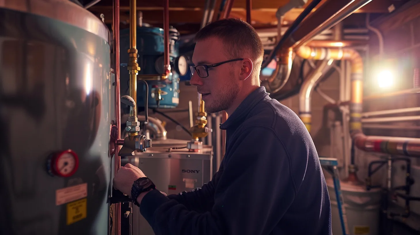 a professional boiler technician expertly inspects a gleaming, modern boiler in a well-lit, organized basement setting, conveying efficiency and reliability in critical maintenance services.