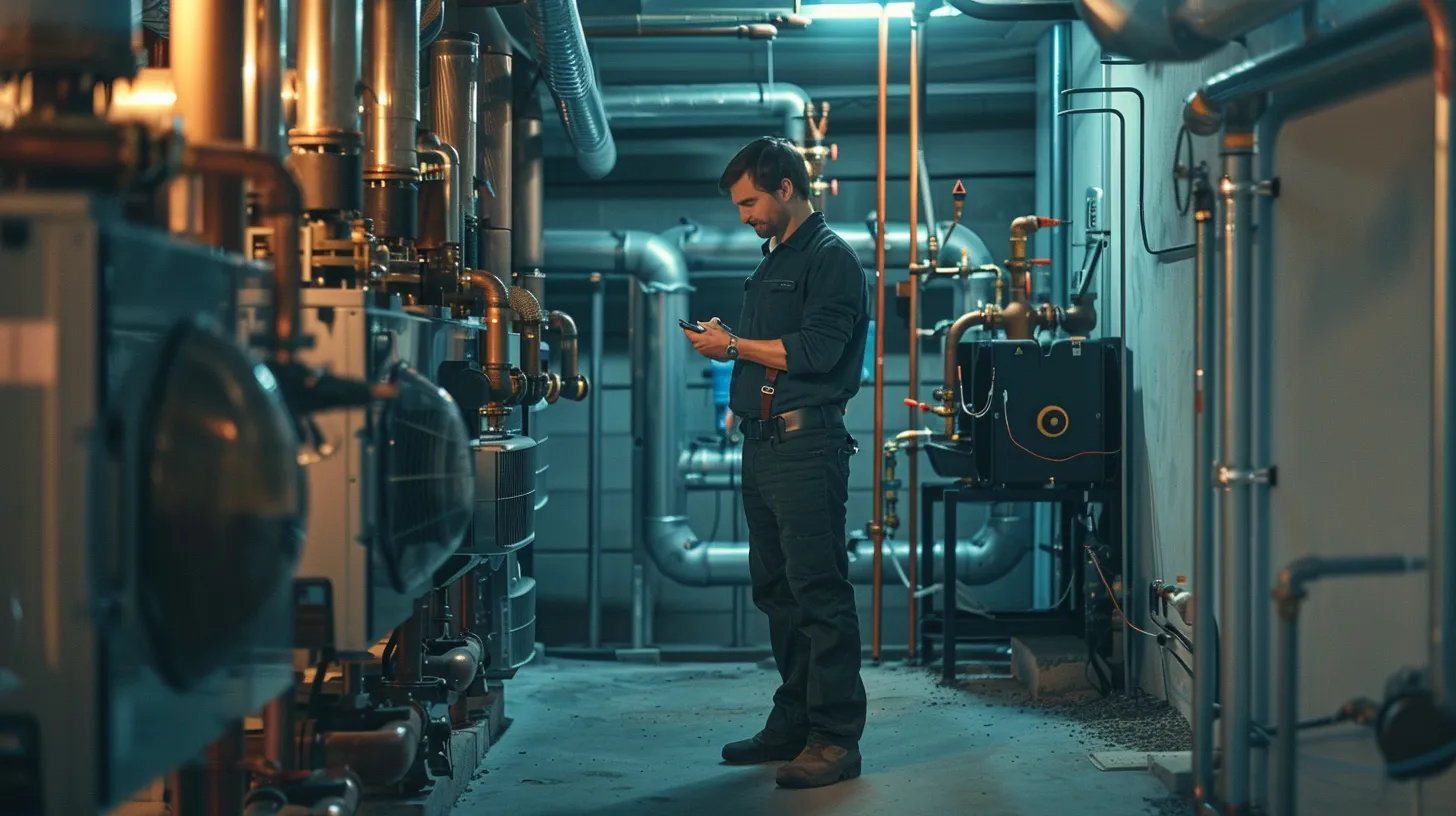 a professional hvac contractor confidently inspects a modern heating and cooling system inside a well-lit residential space, showcasing his industry certifications and essential tools against a backdrop of sleek, organized equipment.