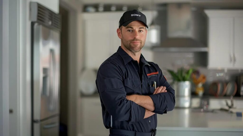 a professional hvac installation technician, dressed in a polished uniform, stands confidently in a modern monroe, nj home, surrounded by advanced heating and cooling equipment, showcasing the precision and expertise of tailored system design for energy efficiency.