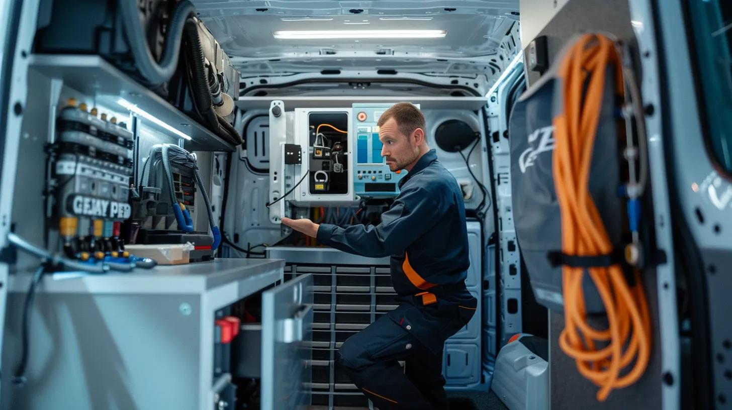 a professional hvac technician in a crisp uniform inspects a high-efficiency cooling unit in a well-organized, modern service van, surrounded by advanced diagnostic tools, highlighting delco air's commitment to reliable and expert heating and cooling solutions for woodbridge residents. a professional hvac technician in a crisp uniform inspects a high-efficiency cooling unit in a well-organized, modern service van, surrounded by advanced diagnostic tools, highlighting delco air's commitment to reliable and expert heating and cooling solutions for woodbridge residents.
