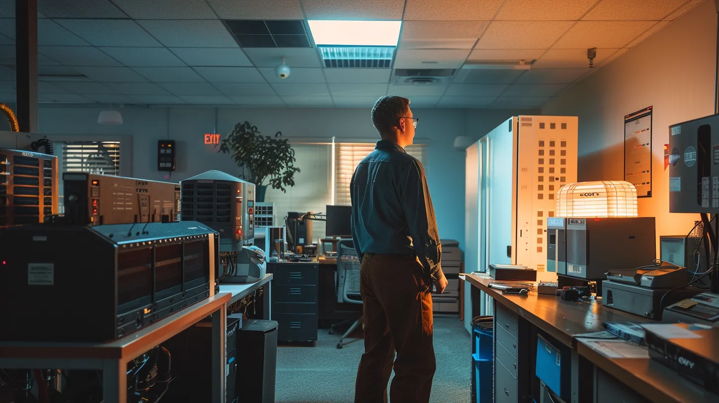 a professional hvac technician inspects a modern, bustling office space in manalapan, nj, equipped with sleek machinery and an array of color-coded pipes, under clear artificial lighting that emphasizes the urgency and efficiency of affordable repair solutions.