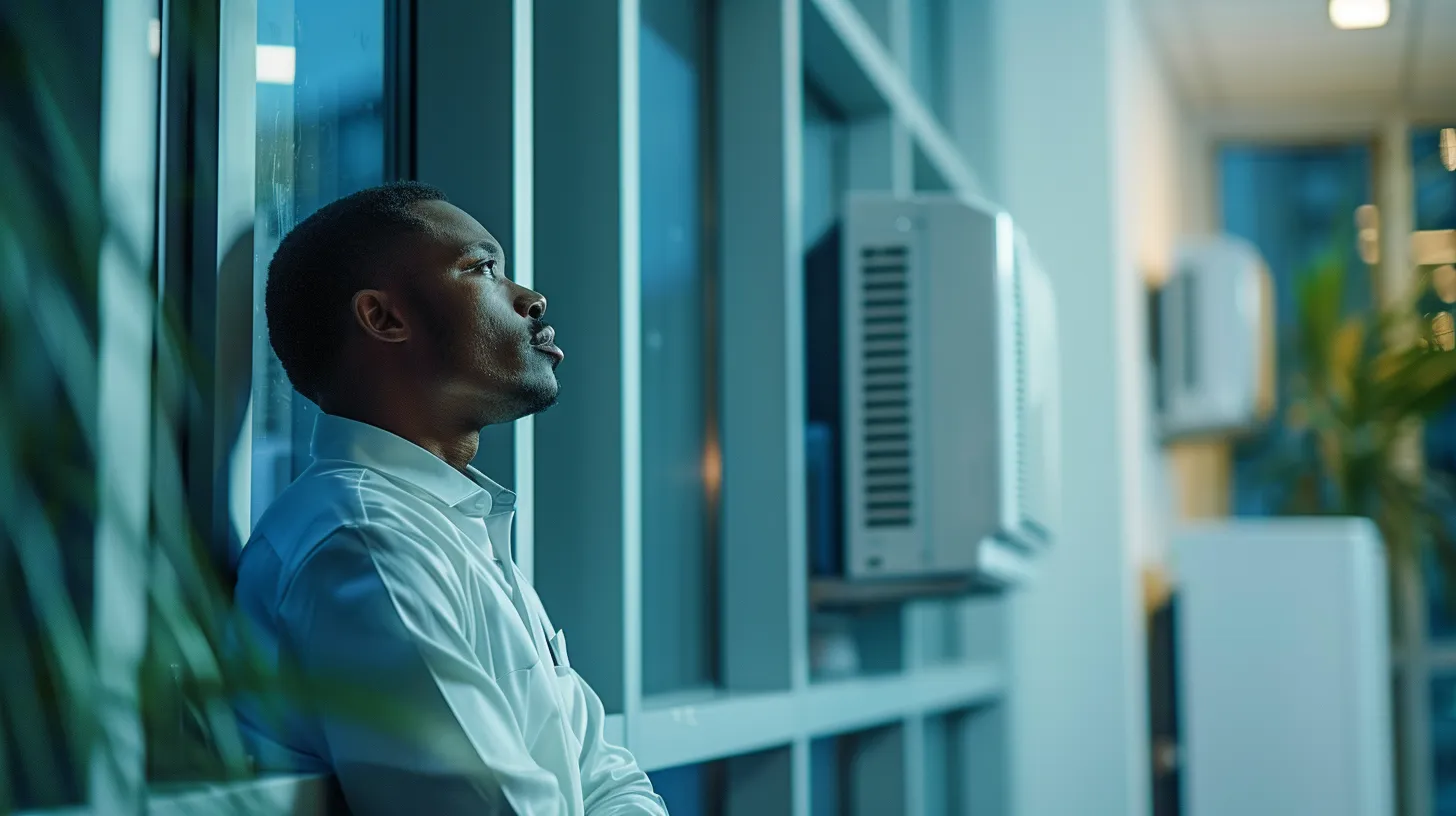a professional hvac technician, in a crisp uniform, is carefully inspecting a malfunctioning air conditioning unit in a modern, well-lit office environment, emphasizing the urgency and expertise required during an hvac emergency.