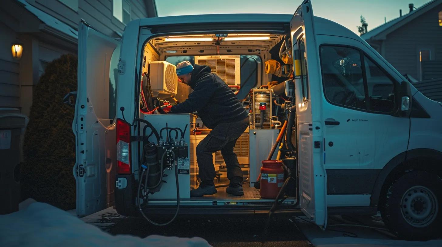 a professional hvac technician, surrounded by tools and equipment in a well-lit, modern service van, inspects a furnace component while readying for an emergency heating repair in a suburban driveway during a chilly winter evening. a professional hvac technician, surrounded by tools and equipment in a well-lit, modern service van, inspects a furnace component while readying for an emergency heating repair in a suburban driveway during a chilly winter evening.