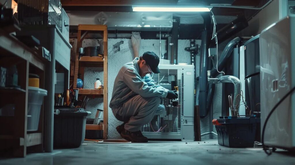 a professional hvac technician in uniform examines an advanced air conditioning unit inside a modern residential basement, surrounded by tools and equipment, showcasing a clean and efficient repair workspace.