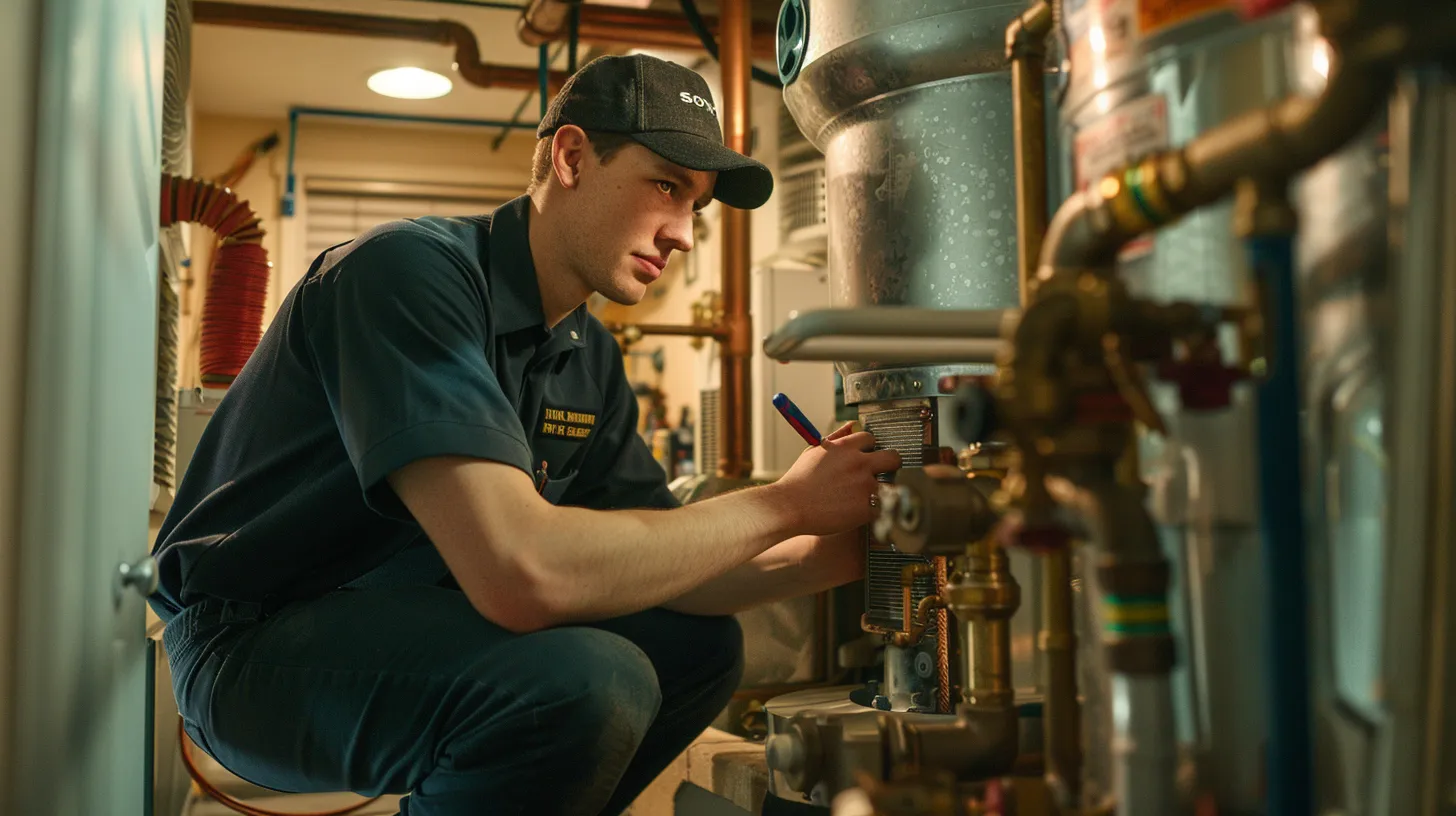 a professional hvac technician, confidently assessing a modern heating system in a well-lit new jersey home, surrounded by tools and equipment, reflecting expertise and reliability in service.