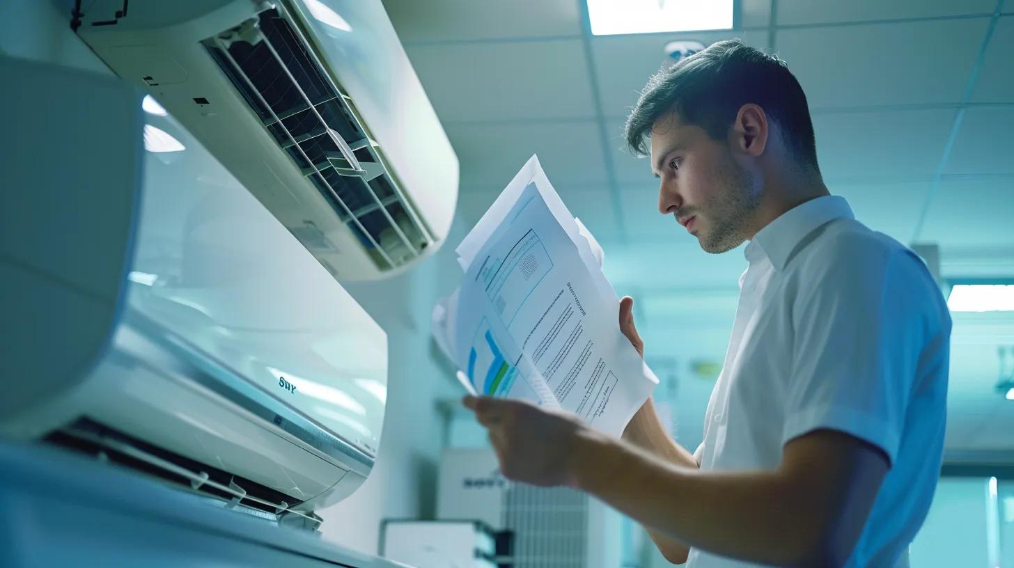 a professional hvac technician examines a modern air conditioning unit inside a sleek, well-lit office environment, surrounded by paperwork and certification documents, emphasizing expertise and reliability in service.