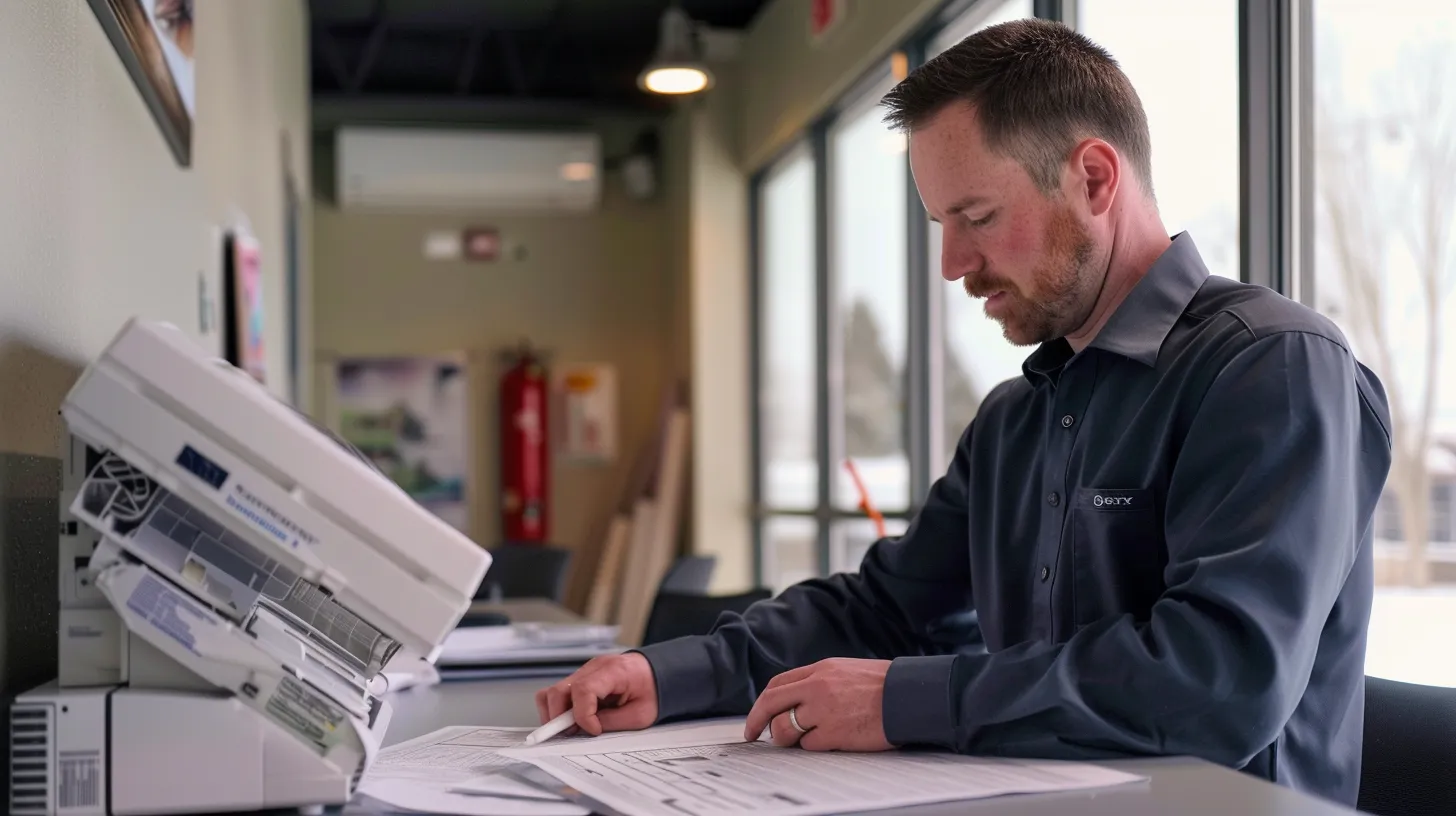 a professional hvac technician examines an advanced climate control system in a sleek, modern office setting, with visible testing tools and detailed maintenance checklists spread across a polished desk, highlighting the importance of thorough post-installation support and customer care. a professional hvac technician examines an advanced climate control system in a sleek, modern office setting, with visible testing tools and detailed maintenance checklists spread across a polished desk, highlighting the importance of thorough post-installation support and customer care.