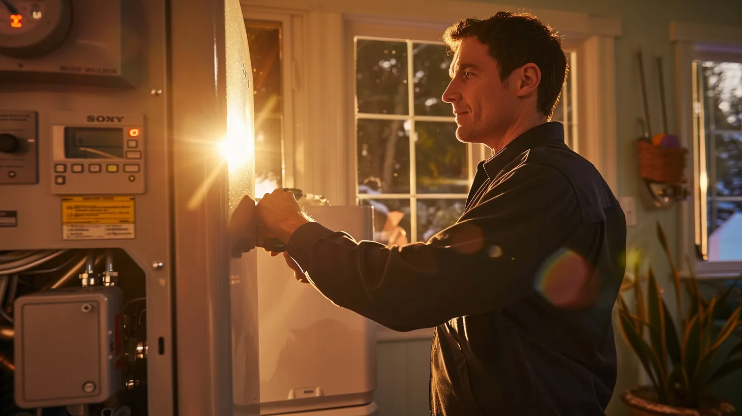 a professional hvac technician examines a gleaming, modern boiler in a cozy new jersey home, illuminated by warm sunlight filtering through the window, emphasizing the importance of efficient heating systems and expert maintenance.