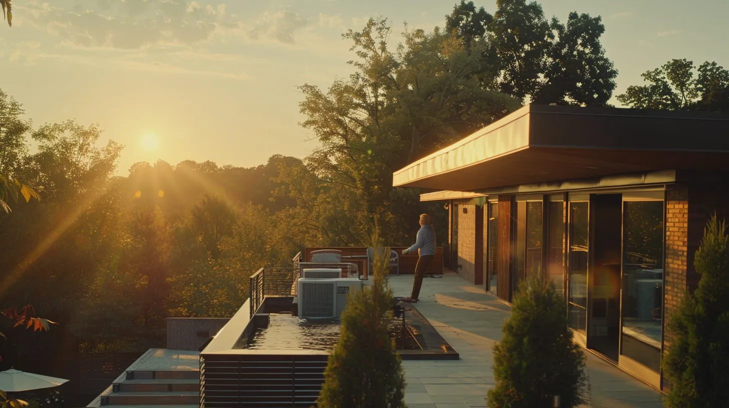 a professional hvac technician meticulously services a gleaming air conditioning unit on the rooftop of a modern new jersey home, bathed in soft afternoon sunlight highlighting the serene suburban backdrop.