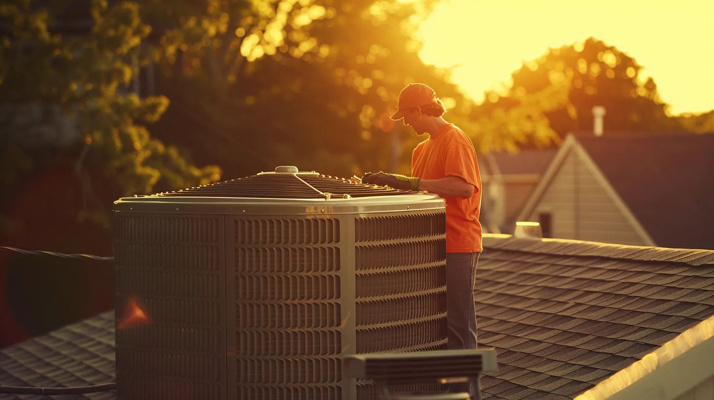 a professional hvac technician meticulously measures and evaluates a sleek, energy-efficient air conditioning unit on the rooftop of a suburban new jersey home, bathed in warm afternoon sunlight that highlights the importance of proper installation and system performance.