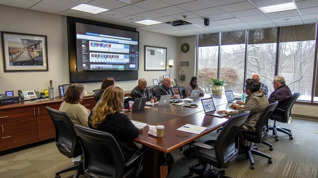 a professional, modern office environment in manalapan, nj, features a diverse group of people engaged in a discussion around a large conference table, with hvac service brochures and a laptop displaying energy-saving statistics prominently in view.