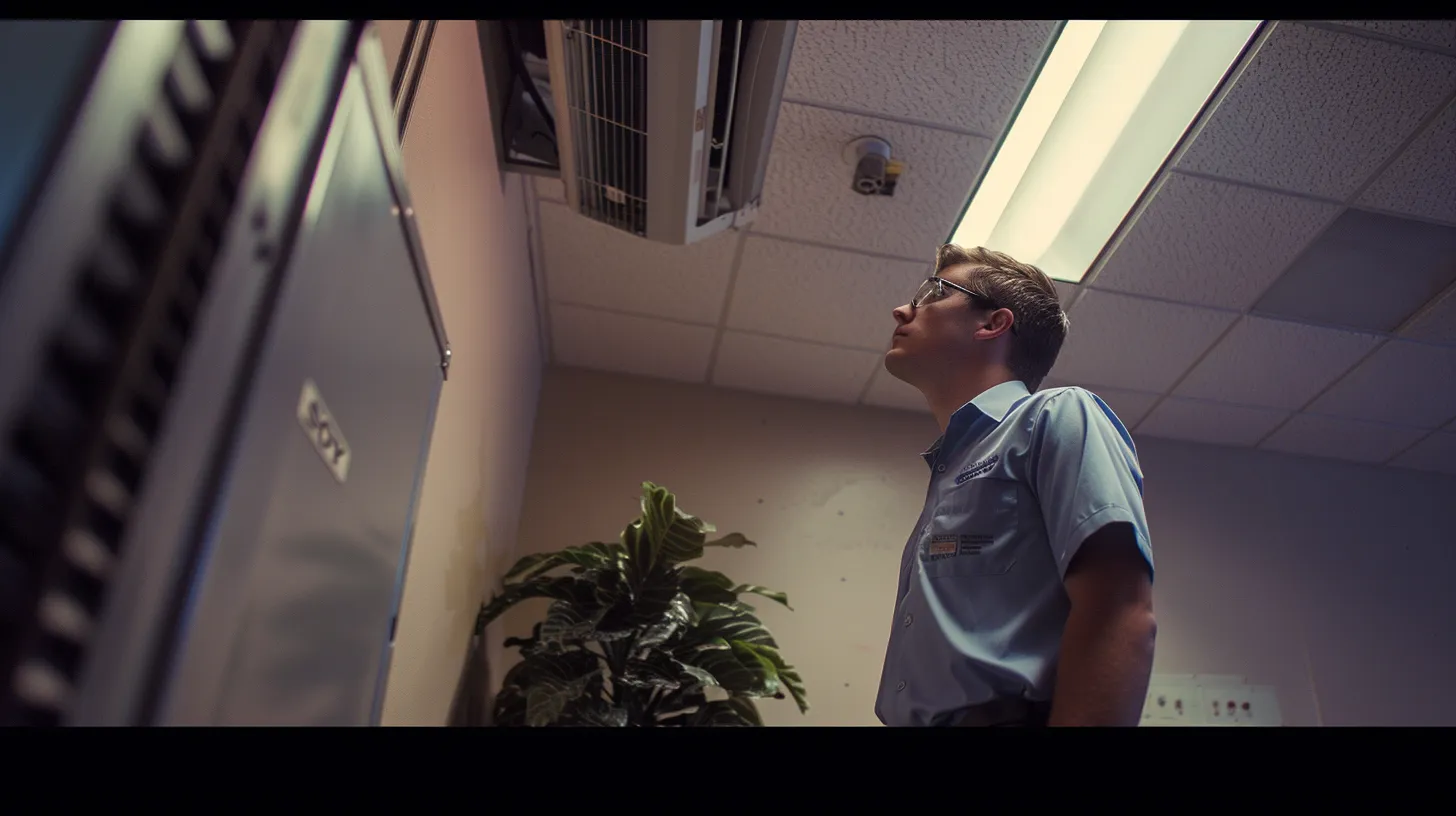 a professional technician meticulously inspects a gleaming commercial hvac unit in a well-lit office environment, highlighting the importance of preventative maintenance for optimal energy efficiency and performance.