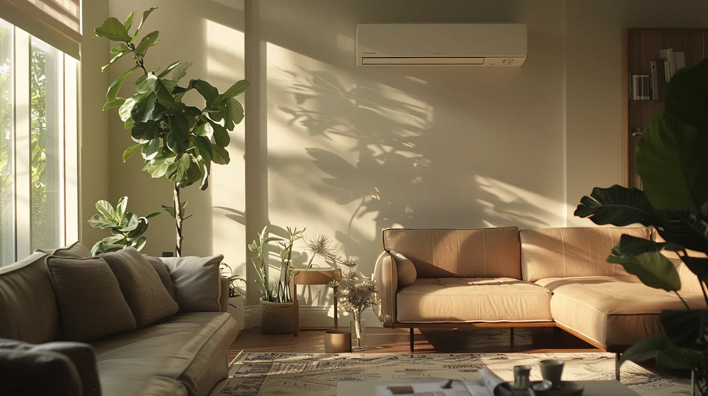 a serene living room bathed in soft, natural light, featuring an old air conditioning unit sitting quietly in the corner, symbolizing the transition to a modern, efficient replacement, while blueprints and budget notes are neatly arranged on a stylish coffee table nearby.