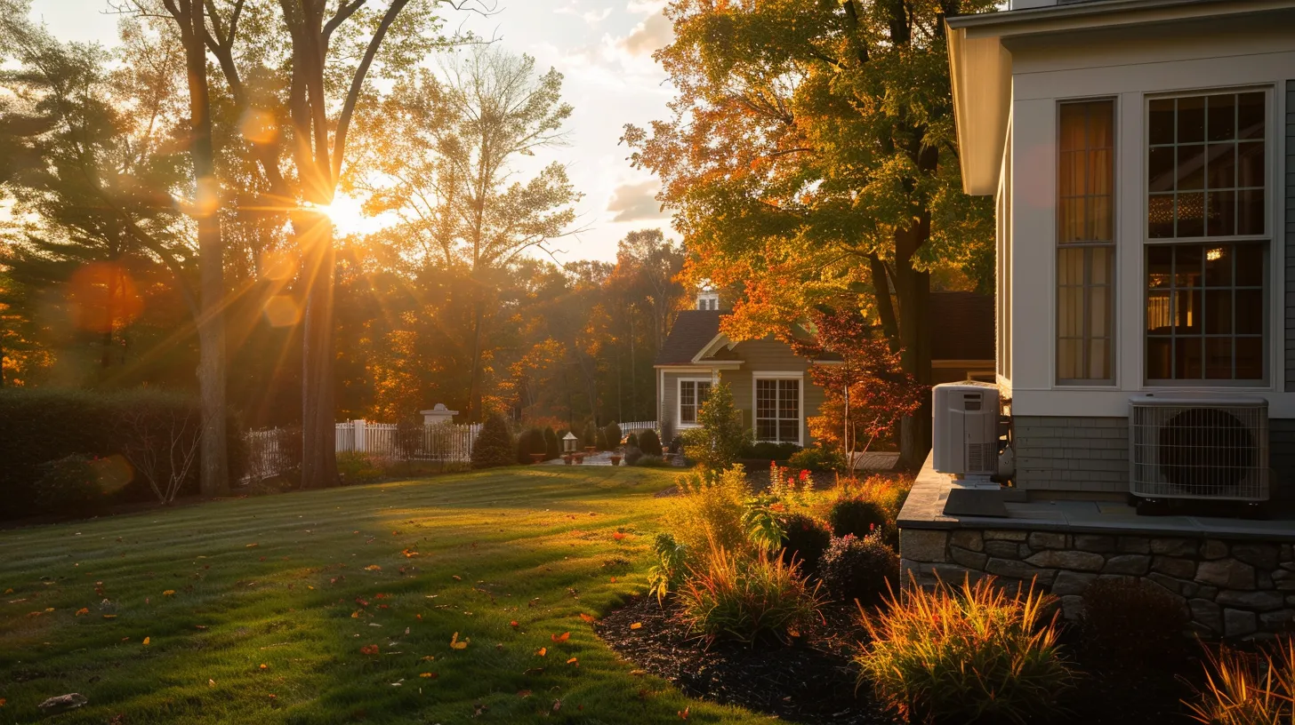 a serene new jersey home bathed in warm, golden afternoon light, featuring a modern and efficient hvac system nestled beside a vibrant garden, symbolizing comfort and reliability in seasonal transitions.