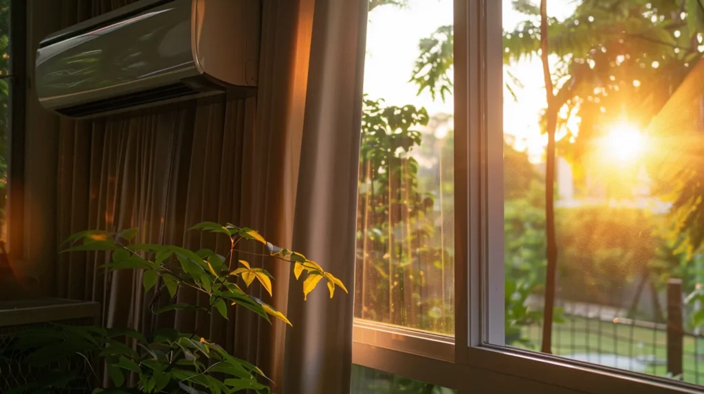 a serene new jersey home, bathed in warm sunlight, showcases a sleek ductless air conditioning unit shimmering on the wall, with lush greenery visible through the window, symbolizing comfort and modern efficiency.