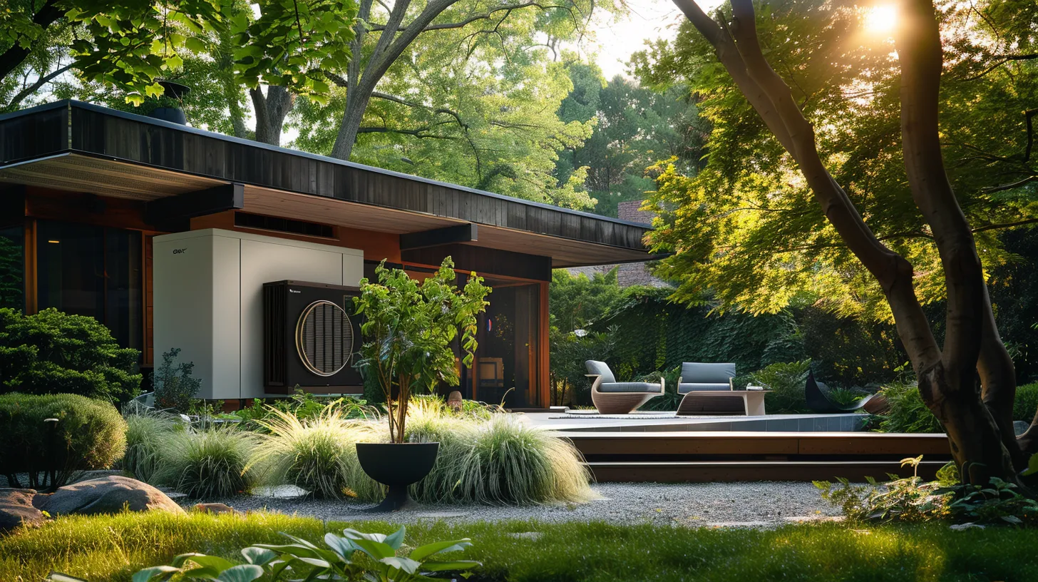 a serene new jersey home features a modern heat pump installation against a backdrop of lush greenery, highlighting energy efficiency and climate adaptability under soft, golden sunlight.