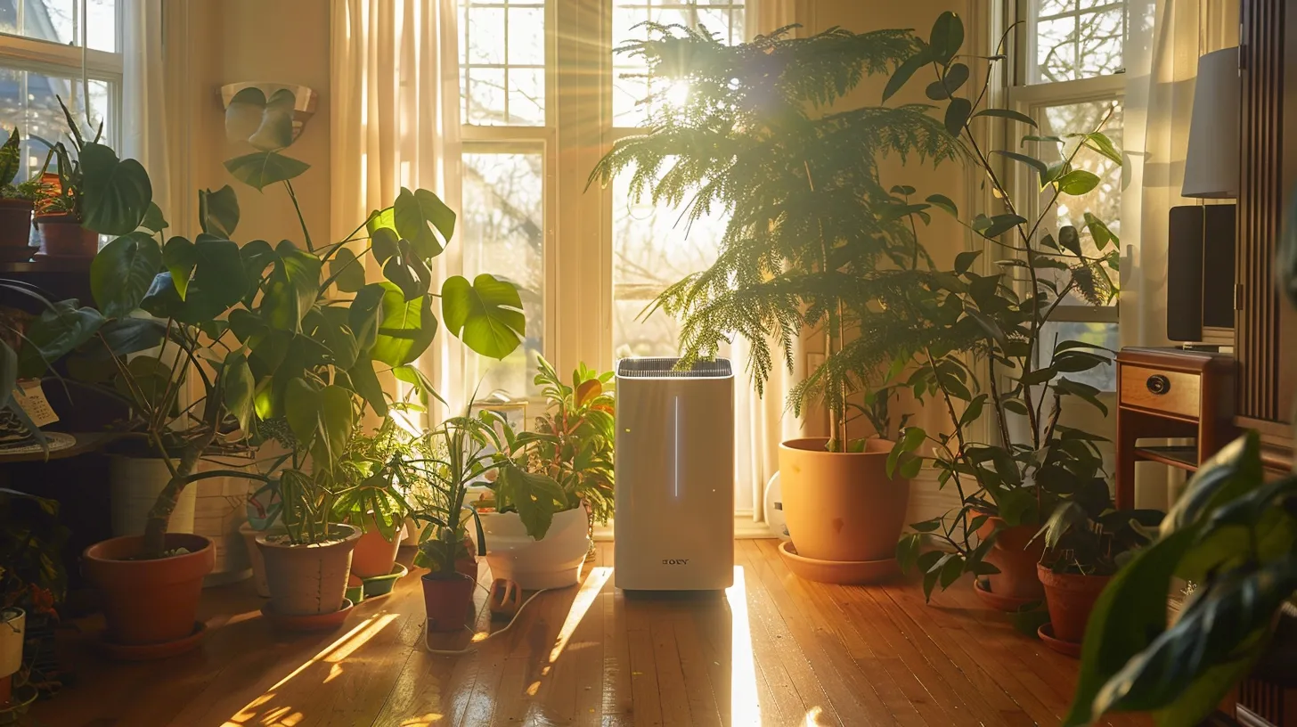 a serene, sunlit new jersey living room filled with vibrant houseplants, highlighting a sleek air purifier, showcasing the contrast between clean indoor air and the lurking dangers of dust and mold.