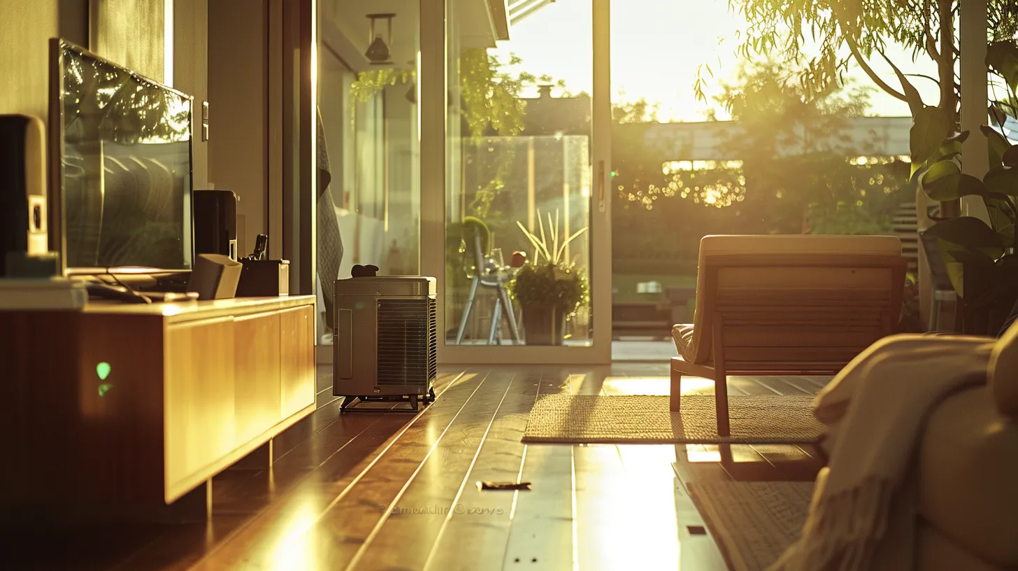 a serene, well-maintained home interior showcases a modern hvac system, bathed in warm natural light, emphasizing the importance of professional care for a smoke-free and efficient cooling environment.