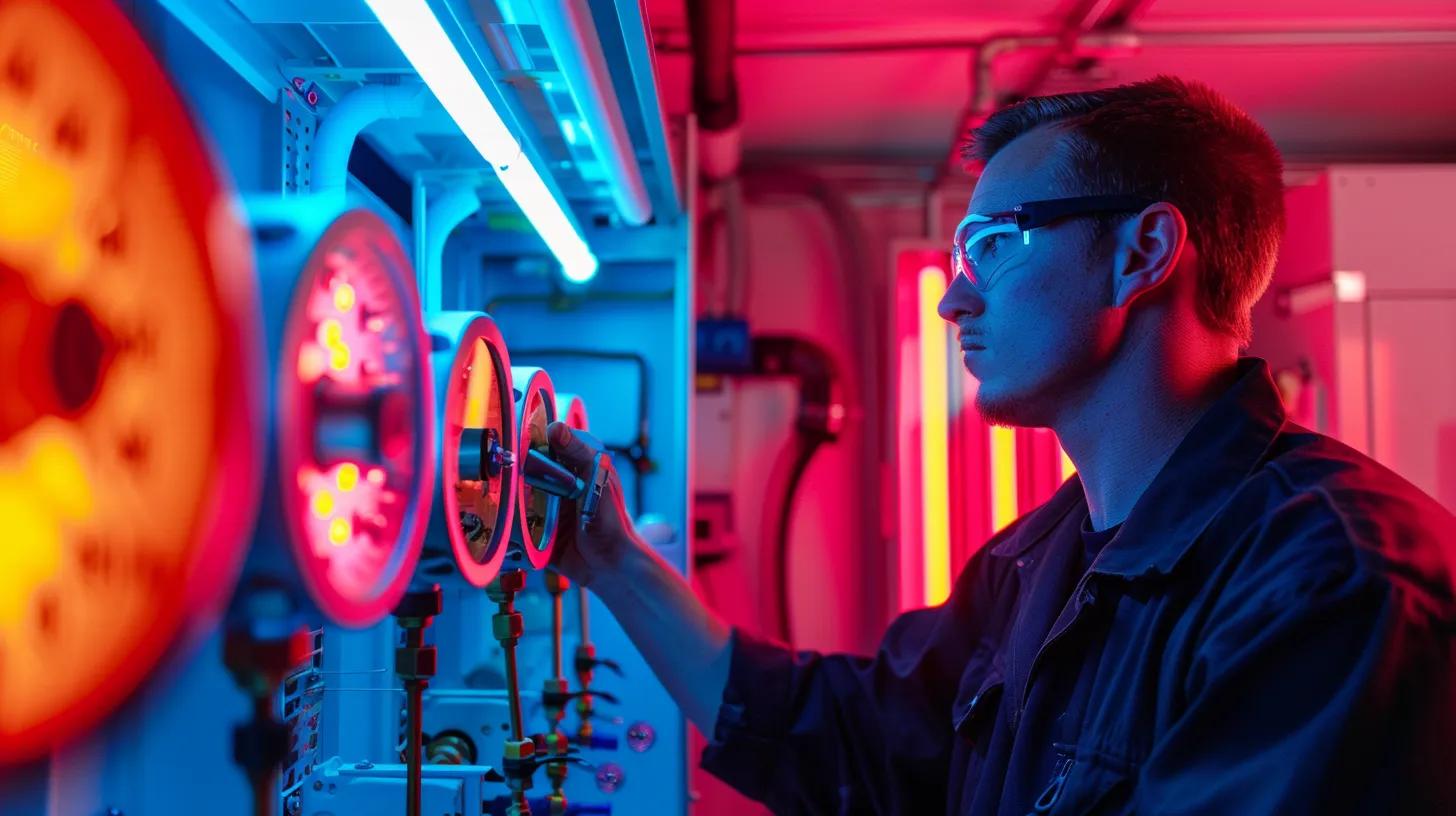 a sharply focused image of a technician in a sleek, modern hvac repair office, intently analyzing vibrant digital manifold gauges and infrared thermometers as they conduct a precise 18-point inspection of a high-tech air conditioning unit, conveying efficiency and expertise in swift issue resolution. a sharply focused image of a technician in a sleek, modern hvac repair office, intently analyzing vibrant digital manifold gauges and infrared thermometers as they conduct a precise 18-point inspection of a high-tech air conditioning unit, conveying efficiency and expertise in swift issue resolution.