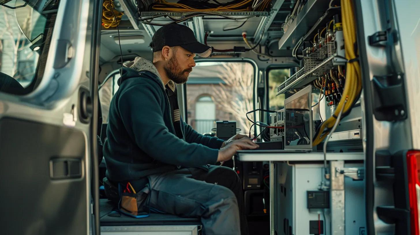a skilled hvac technician, donned in professional attire, analyzes advanced diagnostic equipment in a well-equipped service van, showcasing the expertise in complex heating and cooling systems amidst the urban backdrop of edison, nj. a skilled hvac technician, donned in professional attire, analyzes advanced diagnostic equipment in a well-equipped service van, showcasing the expertise in complex heating and cooling systems amidst the urban backdrop of edison, nj.