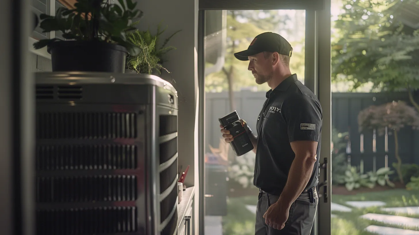 a skilled hvac technician inspects a state-of-the-art air conditioning unit in a modern new jersey home, bathed in warm, natural light that highlights their professionalism and expertise in ensuring optimal indoor air quality. a skilled hvac technician inspects a state-of-the-art air conditioning unit in a modern new jersey home, bathed in warm, natural light that highlights their professionalism and expertise in ensuring optimal indoor air quality.