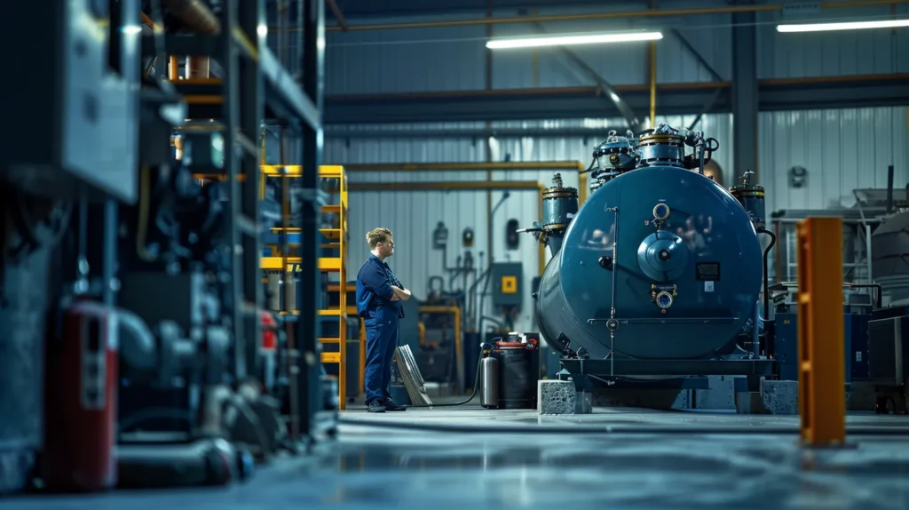 a skilled technician inspects a gleaming industrial boiler in a well-lit workshop, surrounded by tools and equipment, highlighting the importance of expert repairs in new jersey's energy sector.