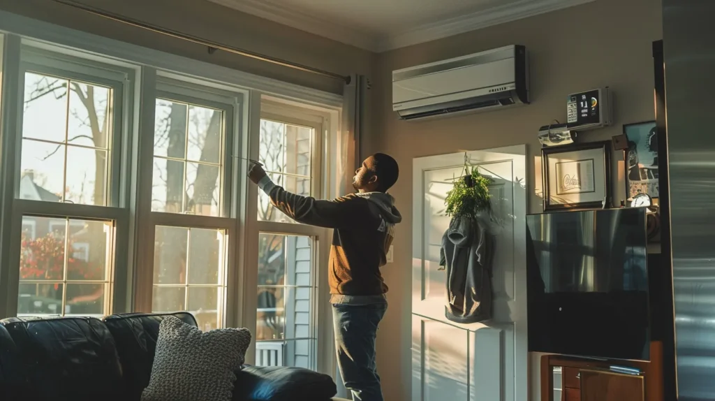 a skilled technician intently adjusts a sleek, modern heating system in a cozy, well-lit new jersey home, showcasing the seamless blend of technology and comfort in the installation process.