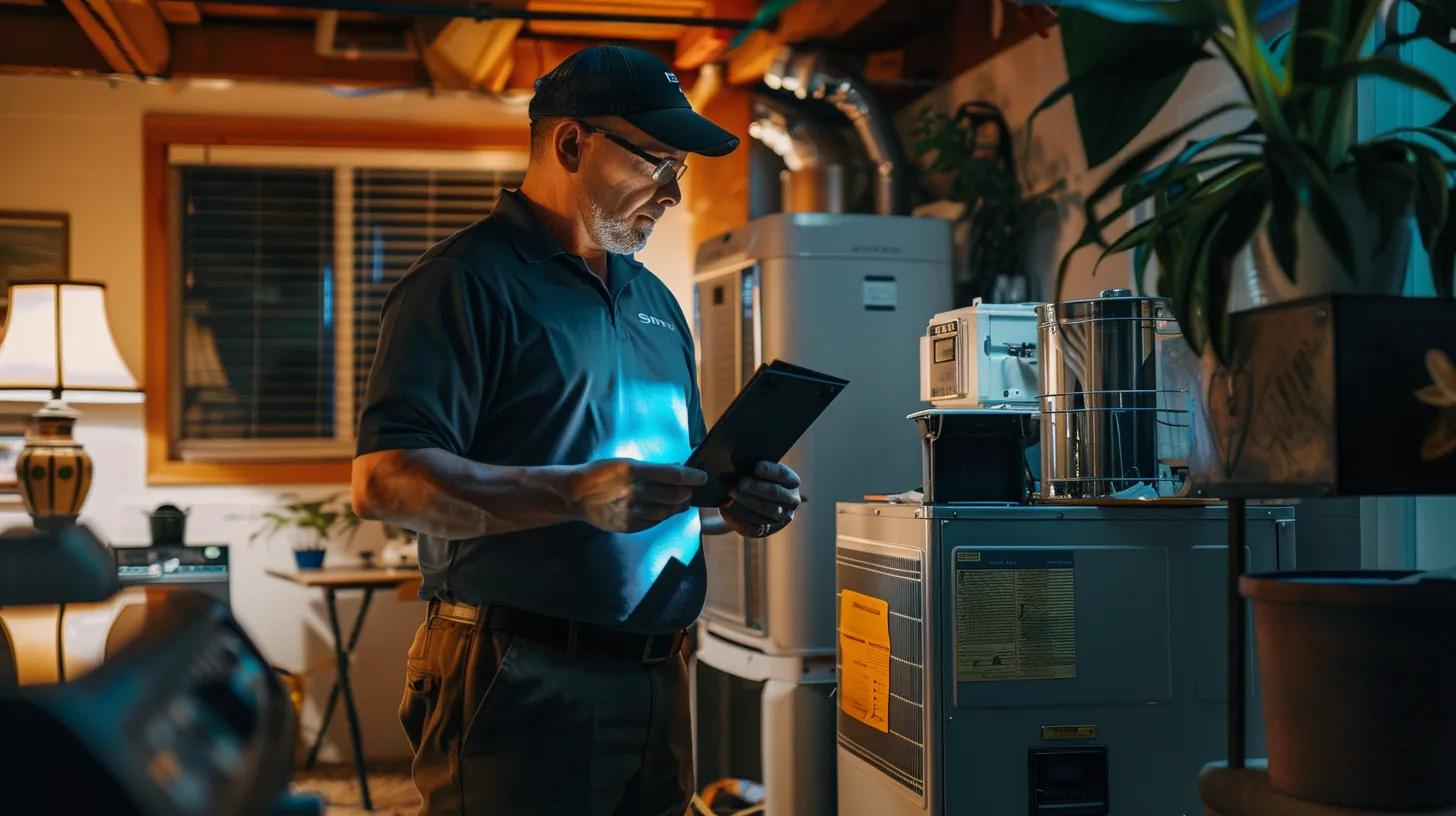 a skillful technician conducts a comprehensive hvac inspection in a modern, well-lit home setting, utilizing advanced diagnostic tools amidst various heating and cooling units, highlighting the importance of maintenance strategies in cranford's diverse climate. a skillful technician conducts a comprehensive hvac inspection in a modern, well-lit home setting, utilizing advanced diagnostic tools amidst various heating and cooling units, highlighting the importance of maintenance strategies in cranford's diverse climate.