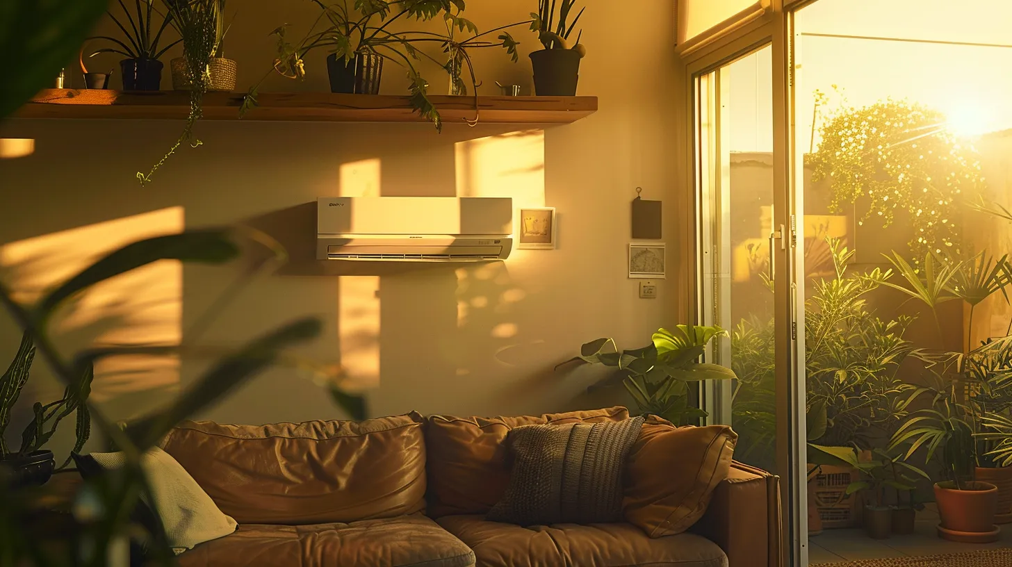 a sleek, modern air conditioner sits prominently in a sunlit living room, showcasing efficient design against a backdrop of vibrant indoor plants and warm colors, emphasizing the theme of optimal home comfort and performance.