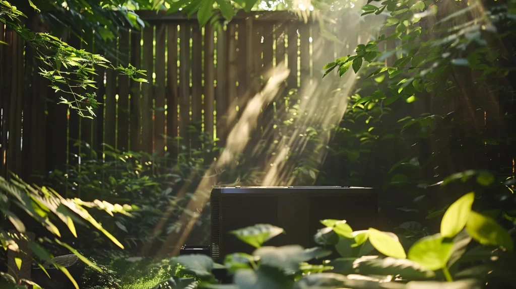 a sleek, modern air conditioning unit shines under the bright sunlight against a backdrop of lush green foliage in a serene new jersey backyard, symbolizing comfort and renewal.