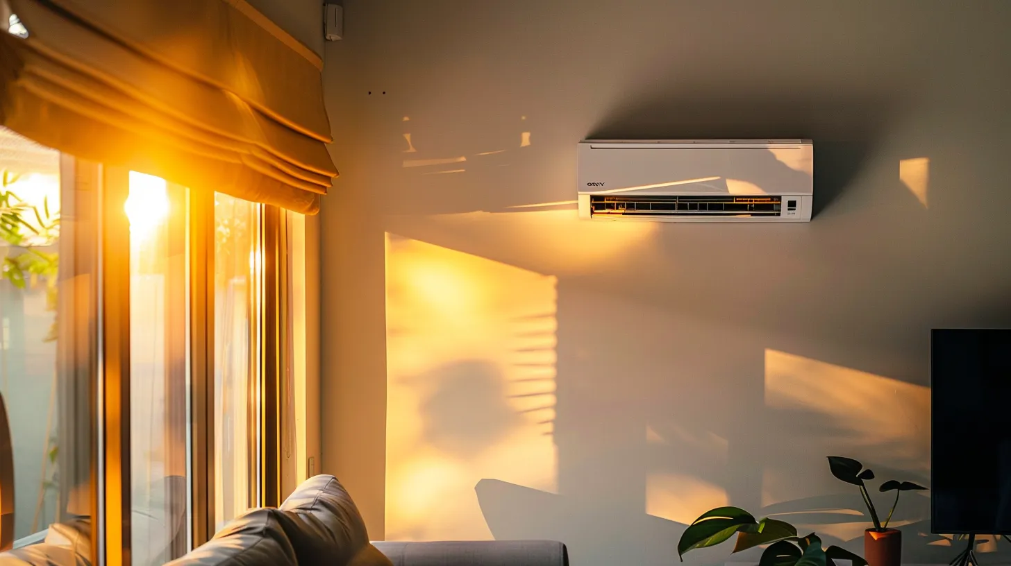 a sleek, modern ductless air conditioning unit mounted on a vibrant, sunlit wall in a cozy new jersey home, showcasing its blend of efficiency and style amidst a serene indoor environment.