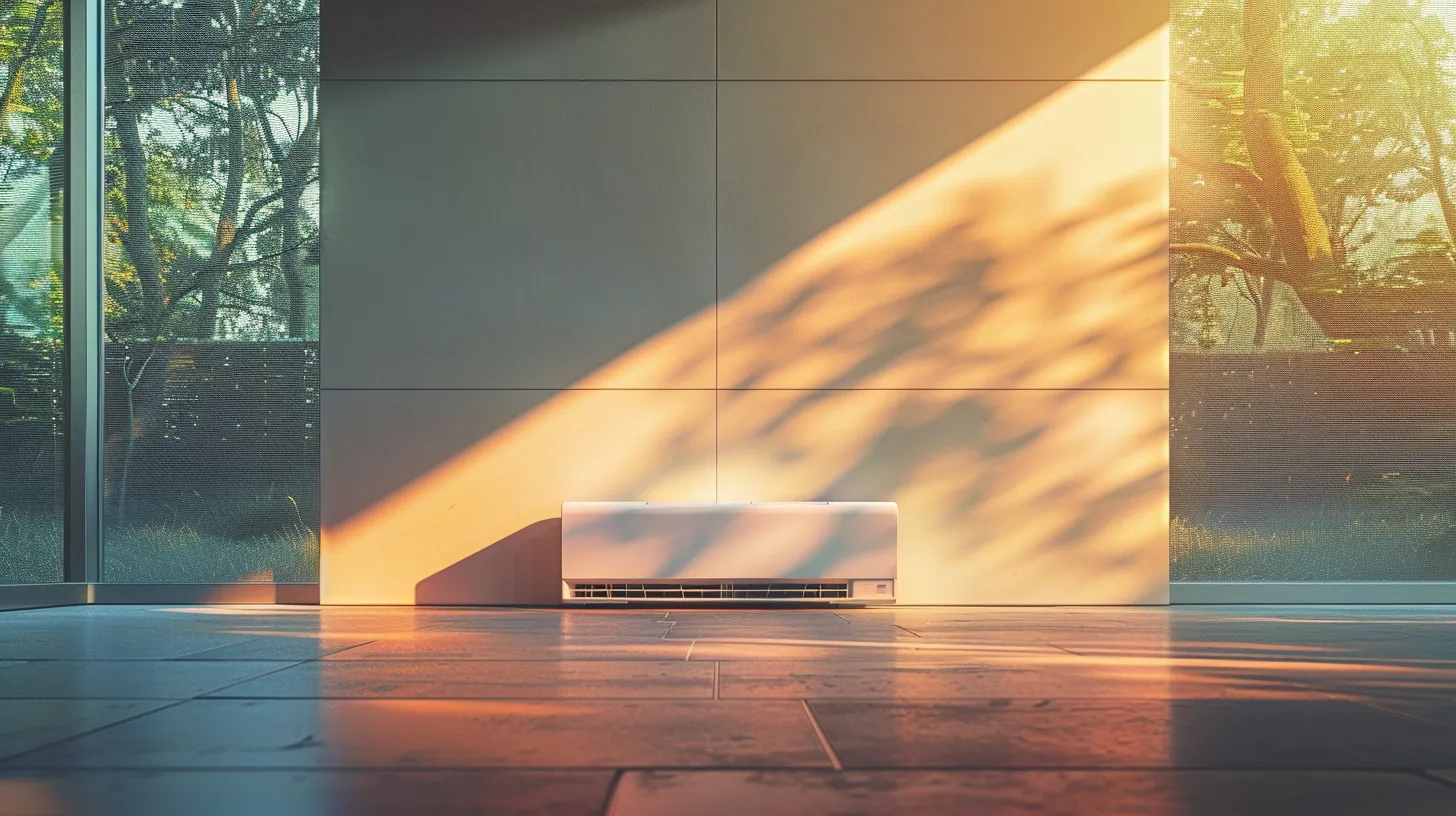 a sleek, modern ductless air conditioning unit is prominently displayed against a minimalist, sunlit room, showcasing its elegant design and highlighting the efficiency of zoned temperature control.