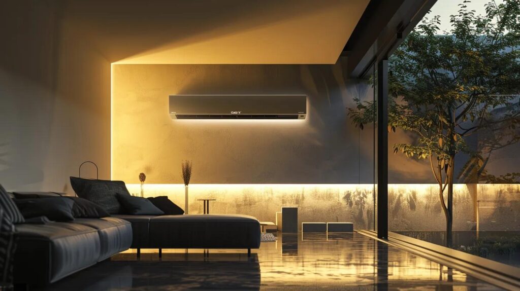 a sleek, modern home interior showcases a professional hvac system installation, featuring an efficient unit seamlessly integrated against a minimalist wall, illuminated by soft interior lighting that enhances the sense of home comfort.