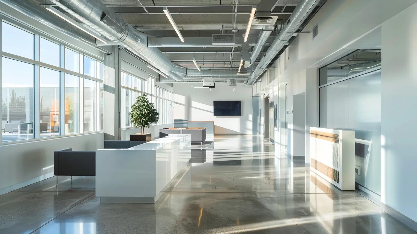a sleek, modern hvac installation showcases advanced energy-efficient equipment, including a variable-speed compressor and a smart thermostat, set in a contemporary office environment with clean lines and professional finishes to highlight technological innovation and sustainability. a sleek, modern hvac installation showcases advanced energy-efficient equipment, including a variable-speed compressor and a smart thermostat, set in a contemporary office environment with clean lines and professional finishes to highlight technological innovation and sustainability.