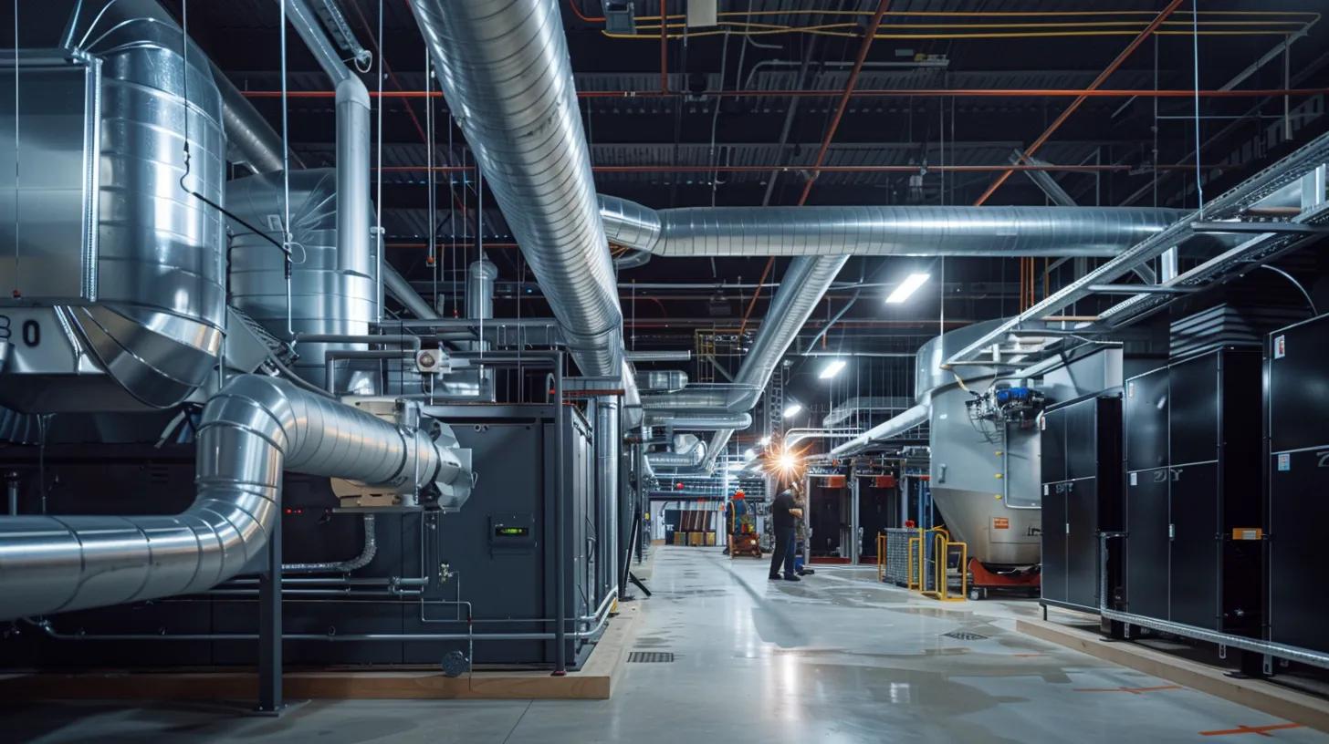 a sleek, modern hvac maintenance workshop in monroe, nj, featuring technicians performing an inspection on a high-efficiency hvac unit, illuminated by bright overhead lights that highlight the meticulous attention to detail in the maintenance process.