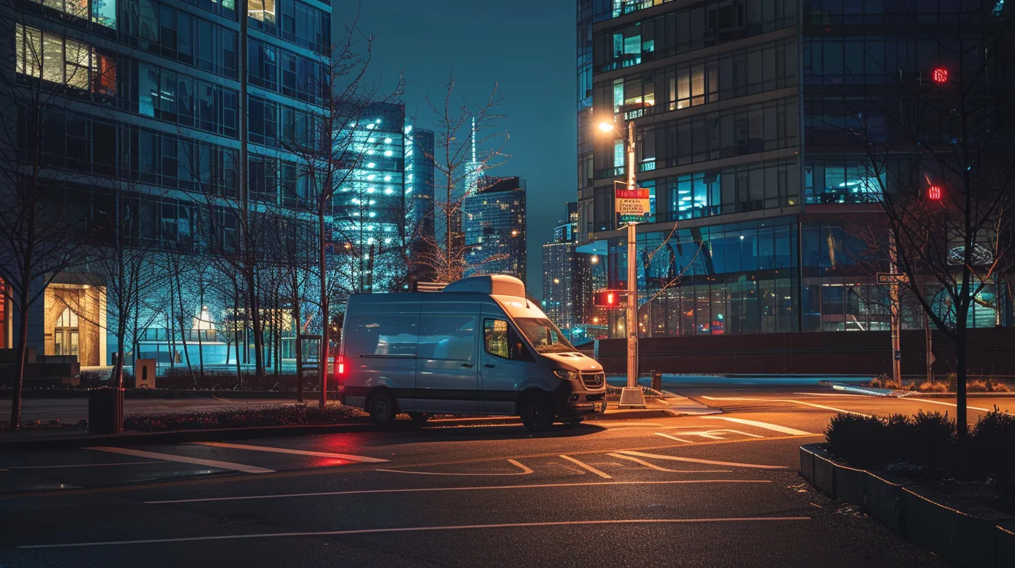 a sleek, modern hvac service van illuminated under a streetlamp at night, parked outside a commercial building, symbolizes the vital 24/7 support for businesses in new jersey amidst a backdrop of bustling city life.