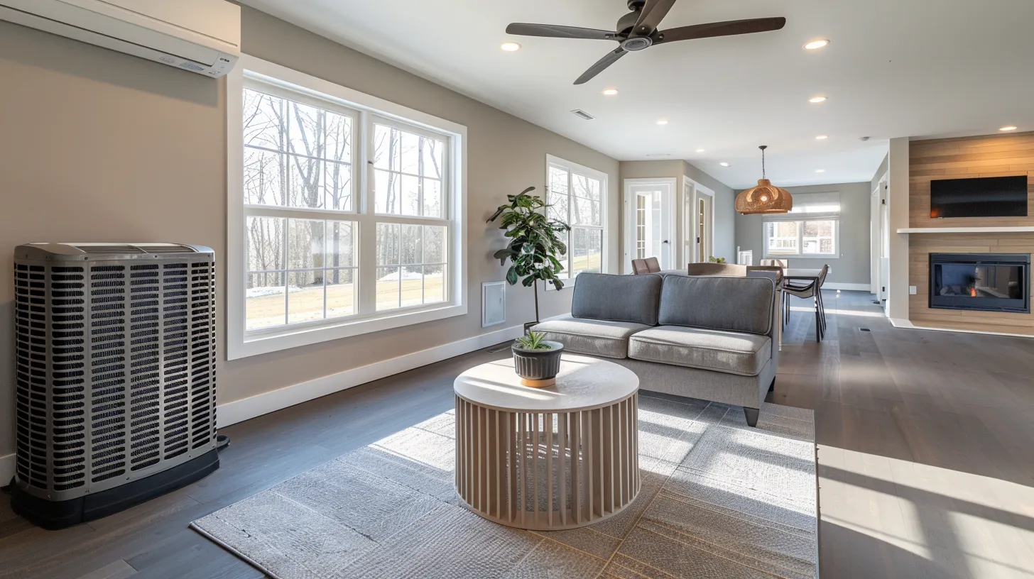 a sleek, modern hvac system installation in a well-lit, airy new jersey home, showcasing the seamless integration of technology and comfort in a vibrant, energy-efficient environment.