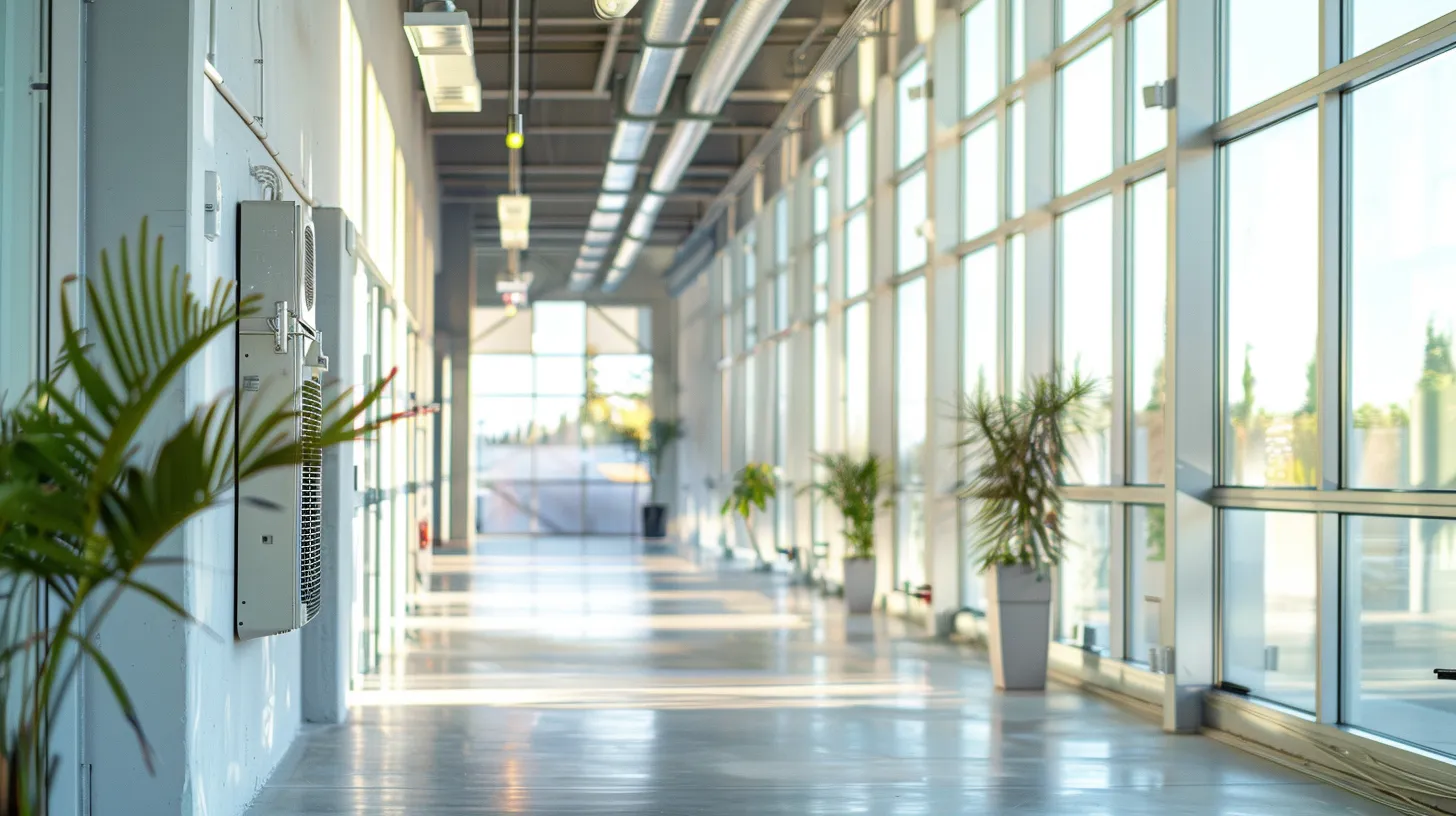 a sleek, modern hvac system blends seamlessly into a spacious commercial setting, showcasing the contrast between robust industrial equipment and elegant residential units, illuminated by natural light filtering through large windows.