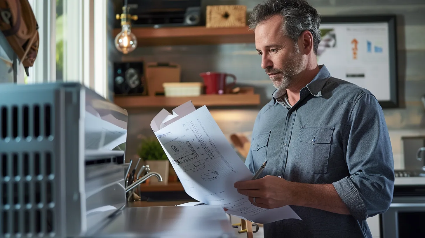 a sleek, modern hvac technician in a well-organized home office inspects a compact, energy-efficient hvac system, surrounded by blueprints and tools, emphasizing efficiency and expert support for comfortable living spaces. a sleek, modern hvac technician in a well-organized home office inspects a compact, energy-efficient hvac system, surrounded by blueprints and tools, emphasizing efficiency and expert support for comfortable living spaces.