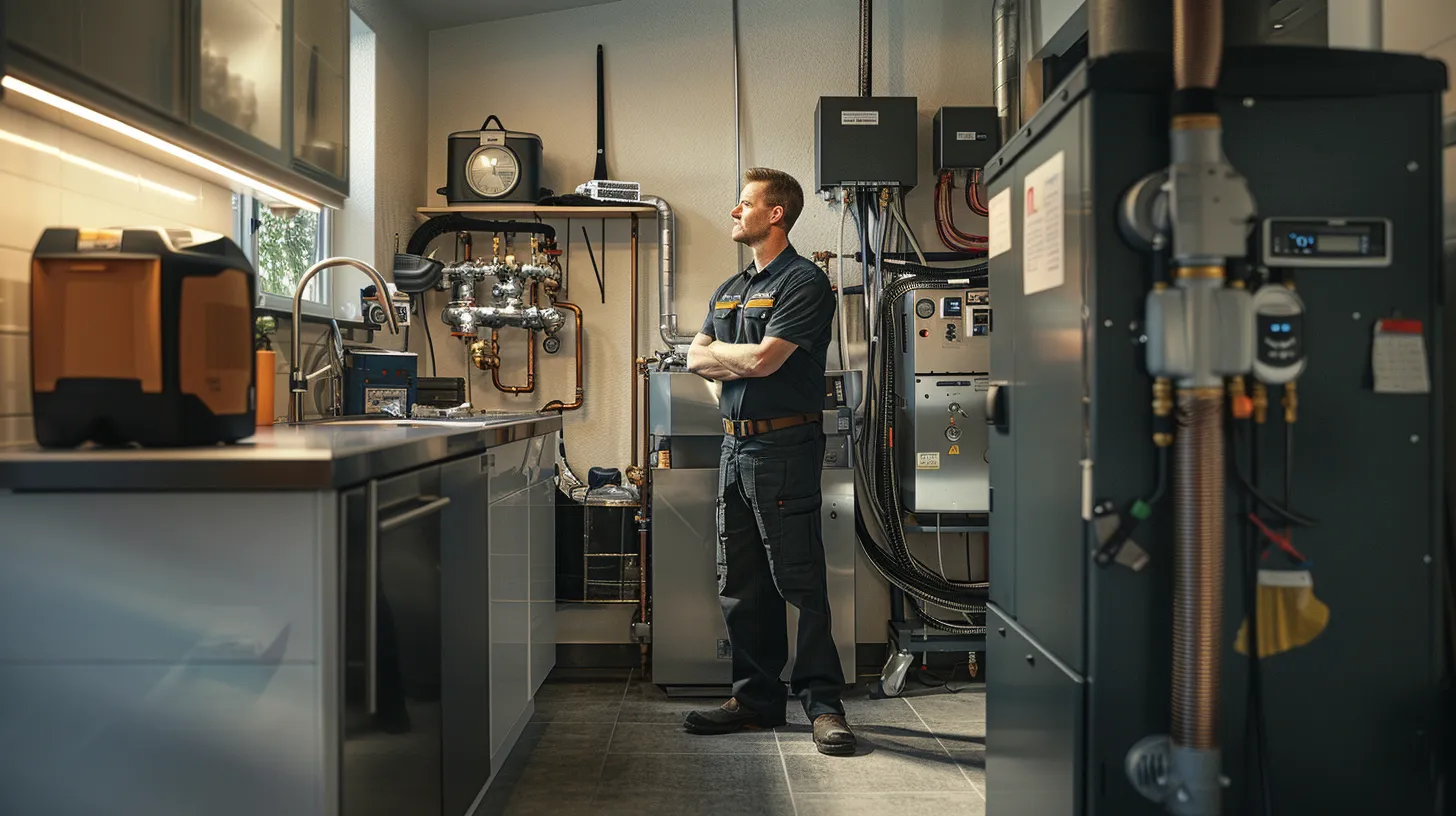 a sleek, modern hvac technician inspects a high-efficiency heating system in a contemporary residential utility room, surrounded by tools and maintenance equipment, highlighting the importance of regular upkeep for optimal home comfort. a sleek, modern hvac technician inspects a high-efficiency heating system in a contemporary residential utility room, surrounded by tools and maintenance equipment, highlighting the importance of regular upkeep for optimal home comfort.