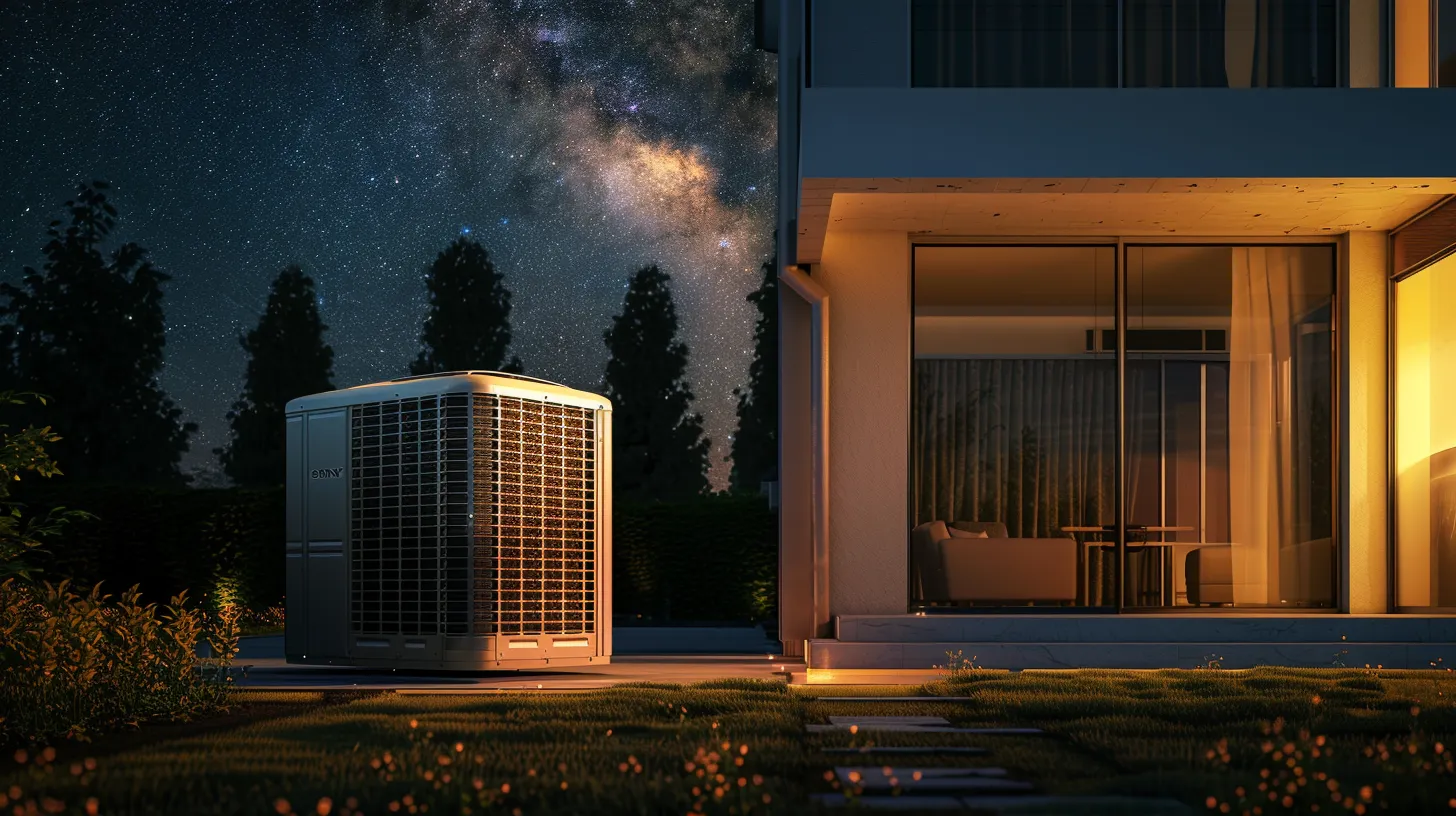 a sleek, modern hvac unit stands proudly against a backdrop of a starry night sky, symbolizing dependable 24/7 service in new jersey, with warm, inviting light spilling from a nearby home, showcasing comfort and reliability in every season.