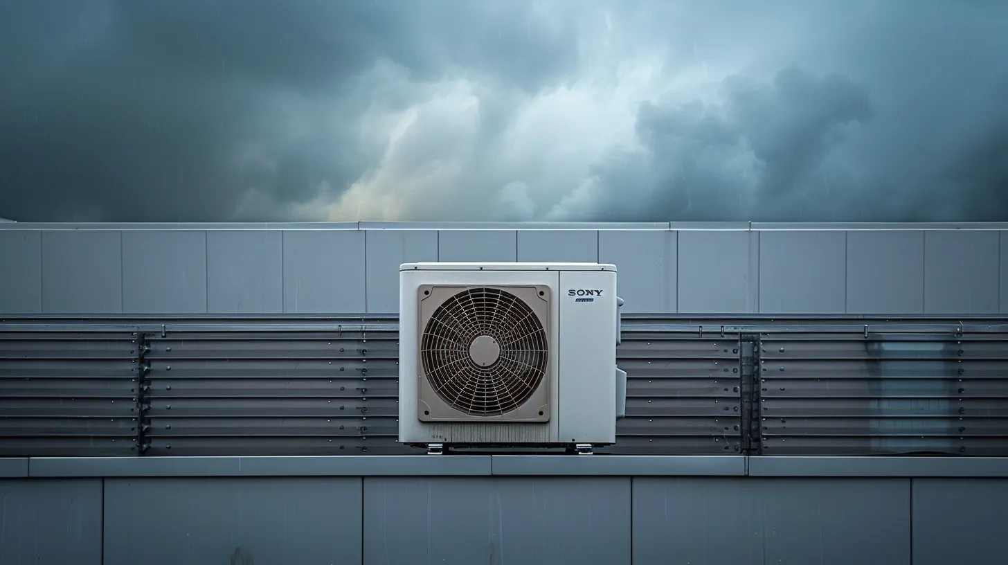 a sleek, modern hvac unit sits prominently under a dramatic, stormy sky, symbolizing the vital importance of reliable round-the-clock service for homes and businesses.