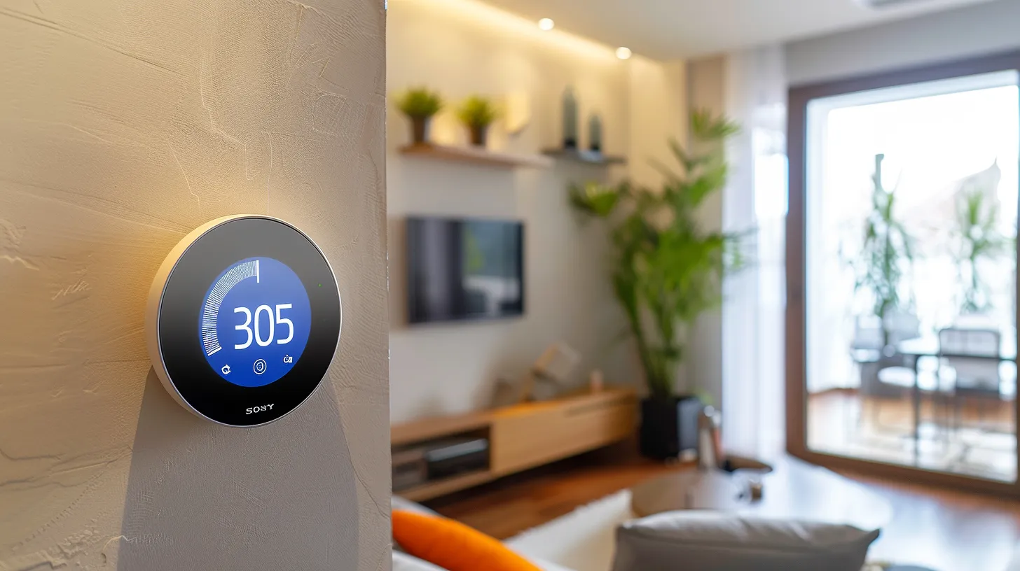 a sleek, modern living room bathed in warm natural light features an elegant smart thermostat prominently displayed, symbolizing the future of energy-efficient hvac technology and sustainable home comfort.